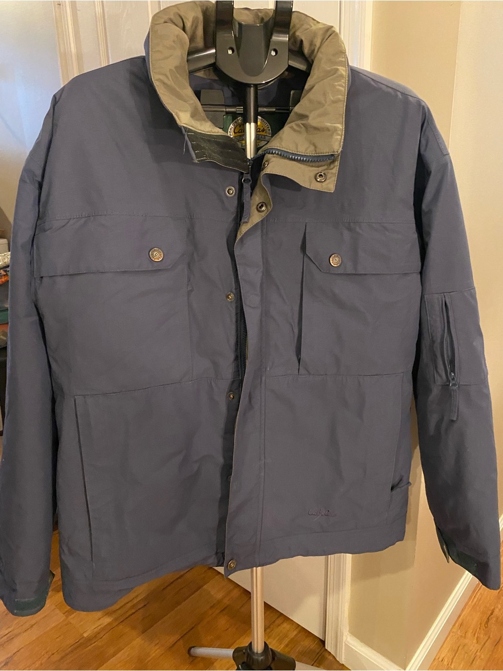 Cabela's Blue Utility Field Jacket Mens Size XL Vintage Full Zip Hooded Pockets